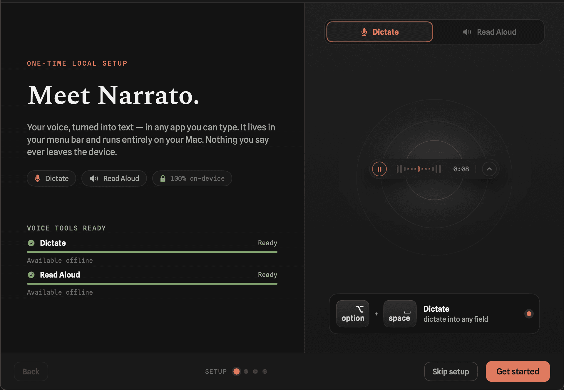 LessBetween's first-launch setup screen with both voice tools ready