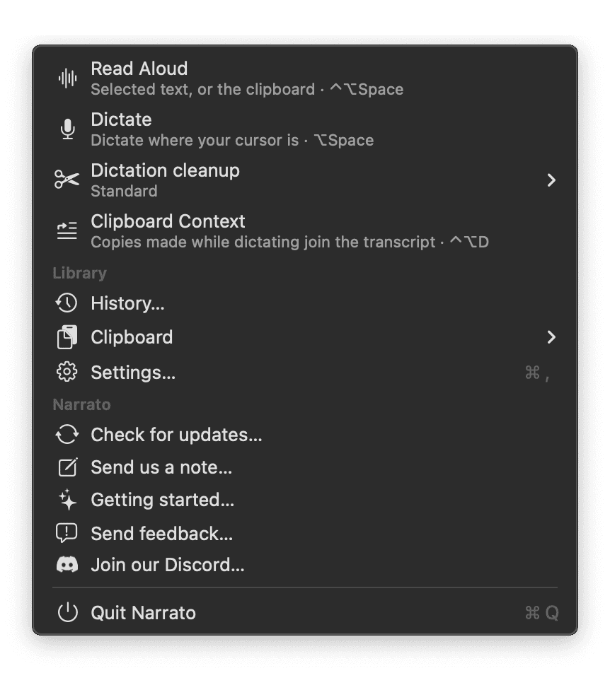 LessBetween's menu bar dropdown: Read Aloud, Dictate, dictation cleanup, Clipboard Context, history, clipboard, settings and updates